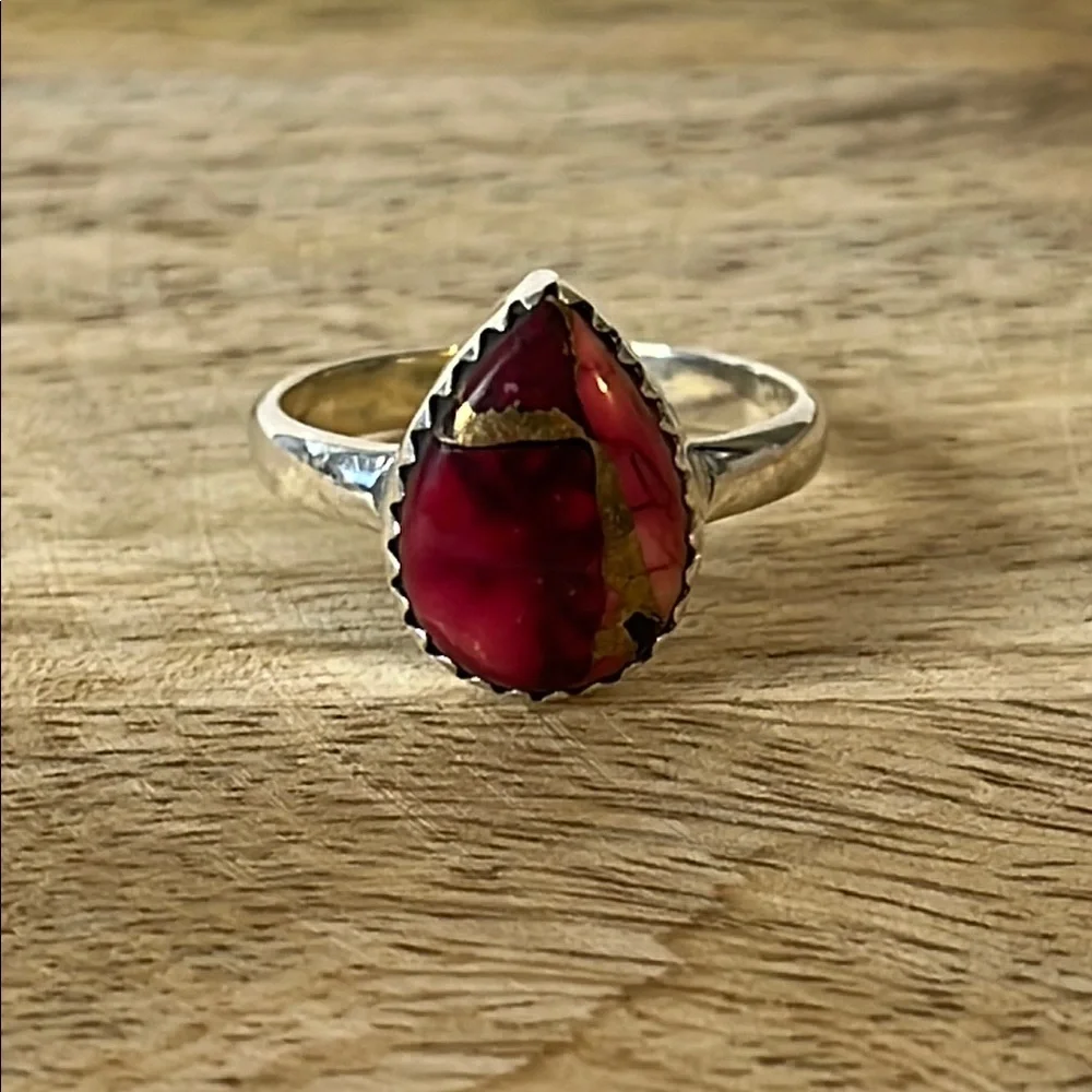 Red Rose Copper Dahlia 925 Solid Sterling Silver Gemstone Ring Size 8.25 - Picture 1 of 8